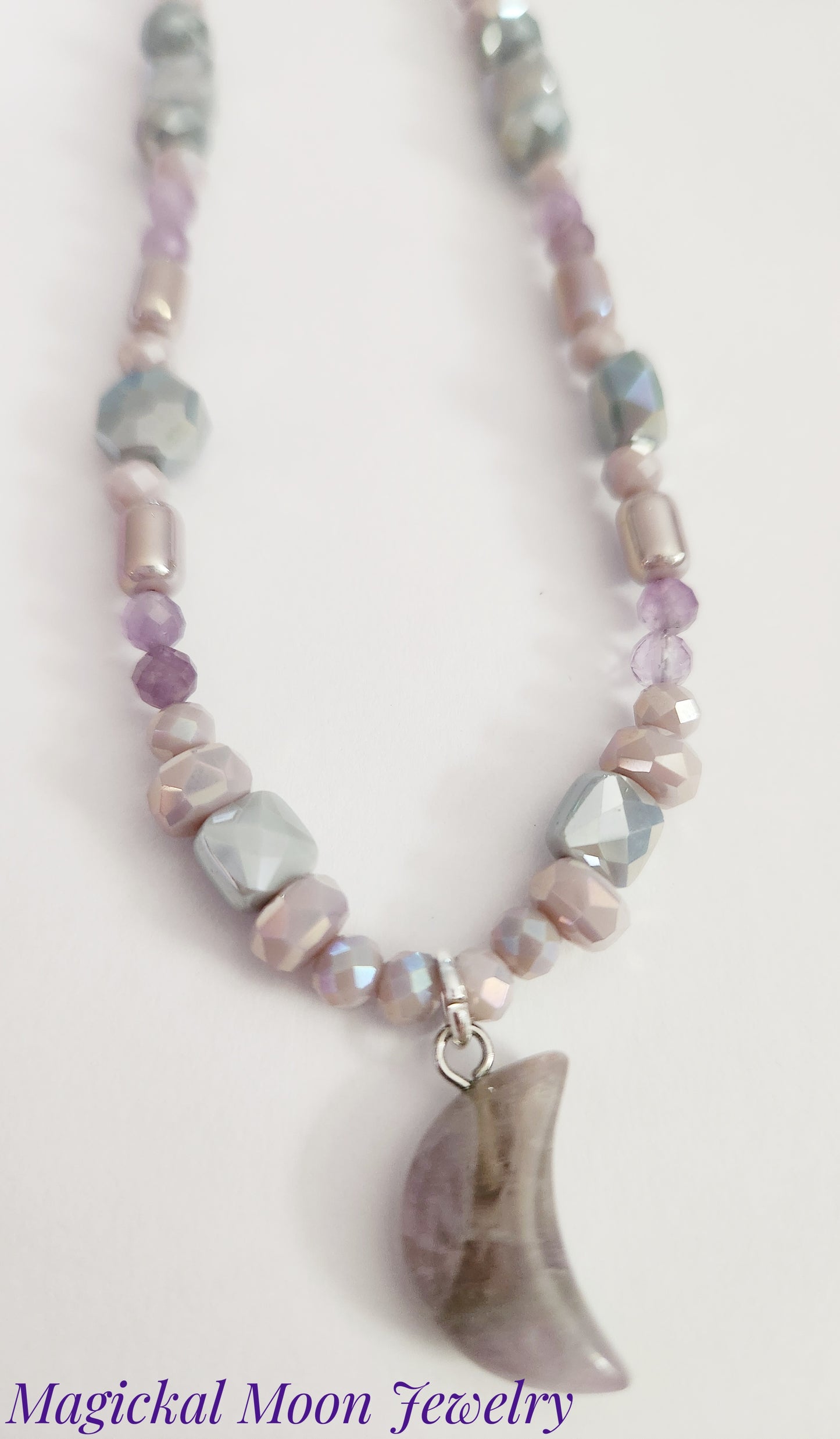 Amethyst crescent moon gemstone silver necklace, choker necklace