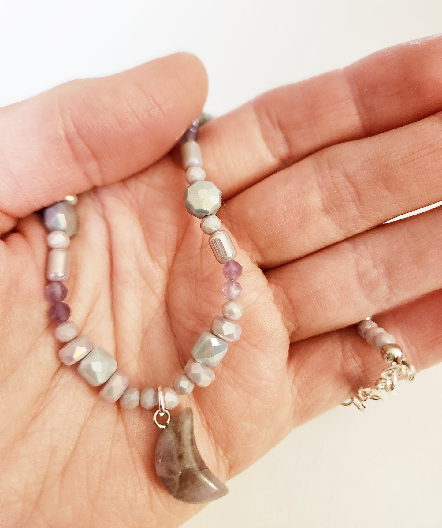 Amethyst crescent moon gemstone silver necklace, choker necklace