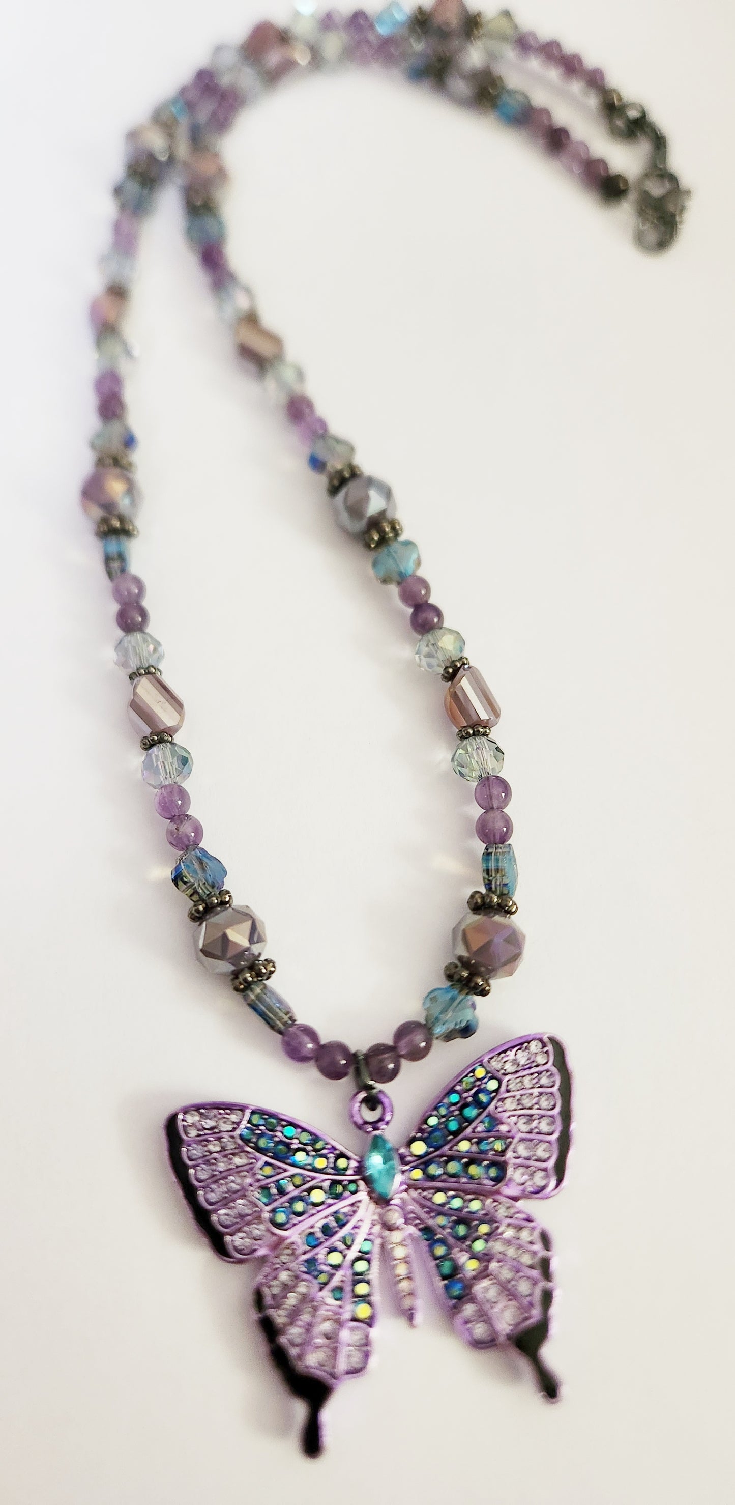 Purple and blue butterfly Amethyst gemstone necklace
