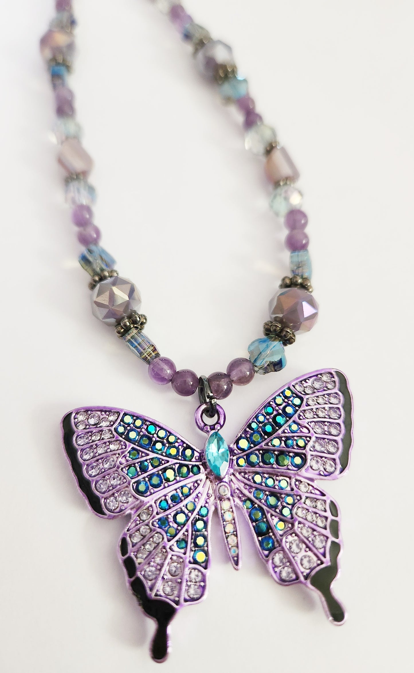 Purple and blue butterfly Amethyst gemstone necklace