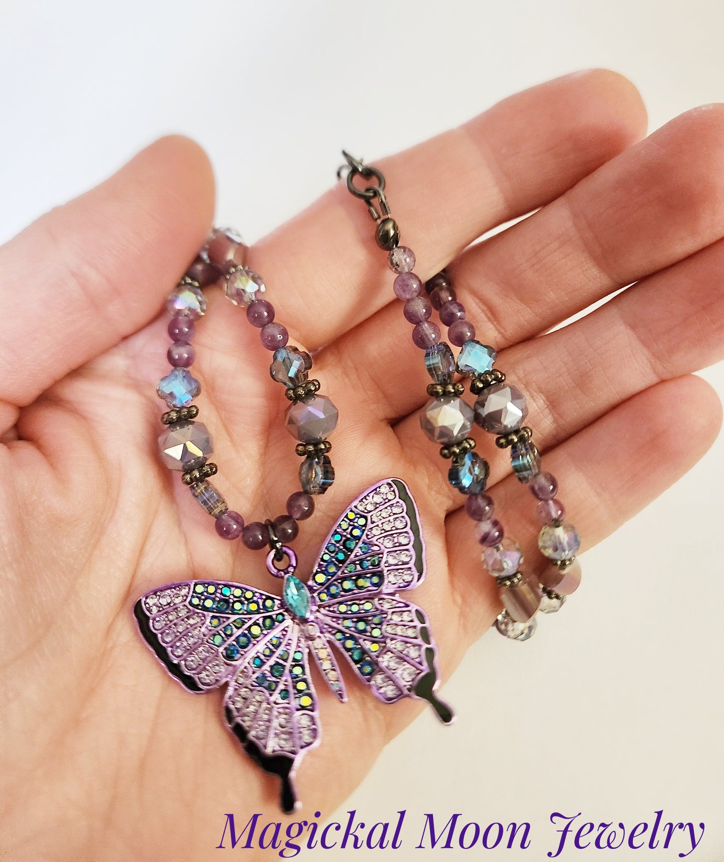 Purple and blue butterfly Amethyst gemstone necklace