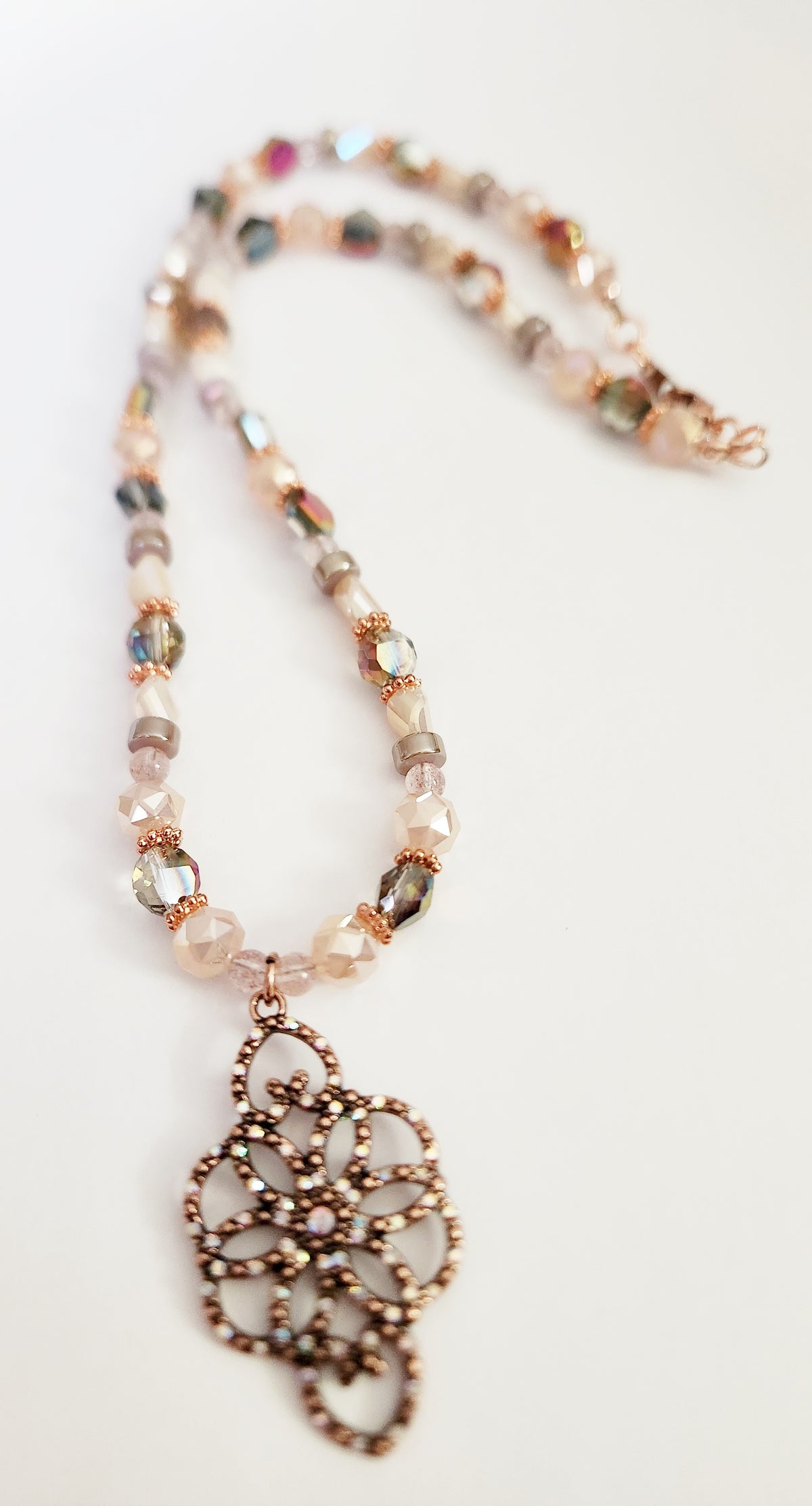 Rose gold crystal floral necklace with Rose Quartz