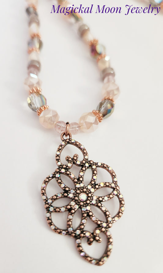 Rose gold crystal floral necklace with Rose Quartz