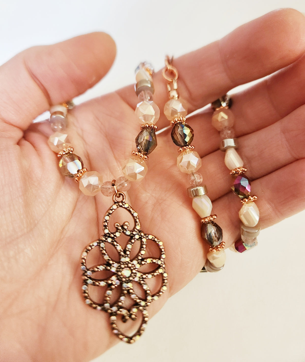 Rose gold crystal floral necklace with Rose Quartz
