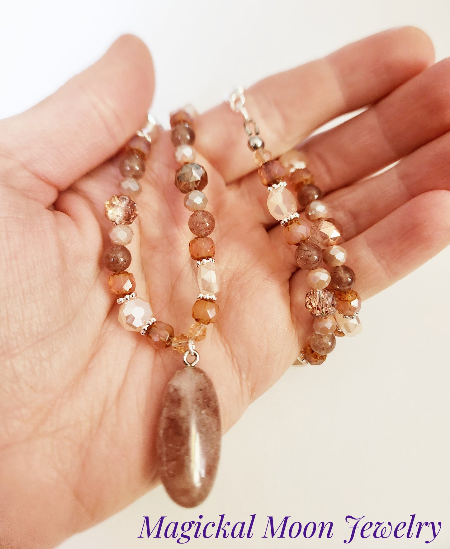 Strawberry Quartz gemstone oval pendant necklace