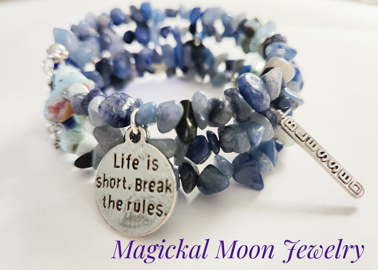 Blue Aventurine and Larimar gemstone memory wire wrap bracelet