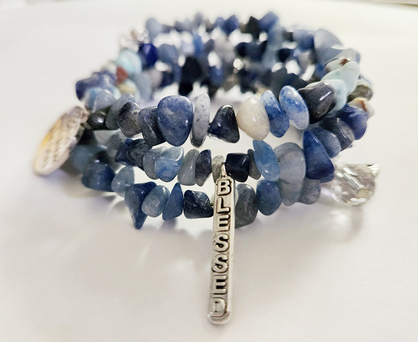 Blue Aventurine and Larimar gemstone memory wire wrap bracelet