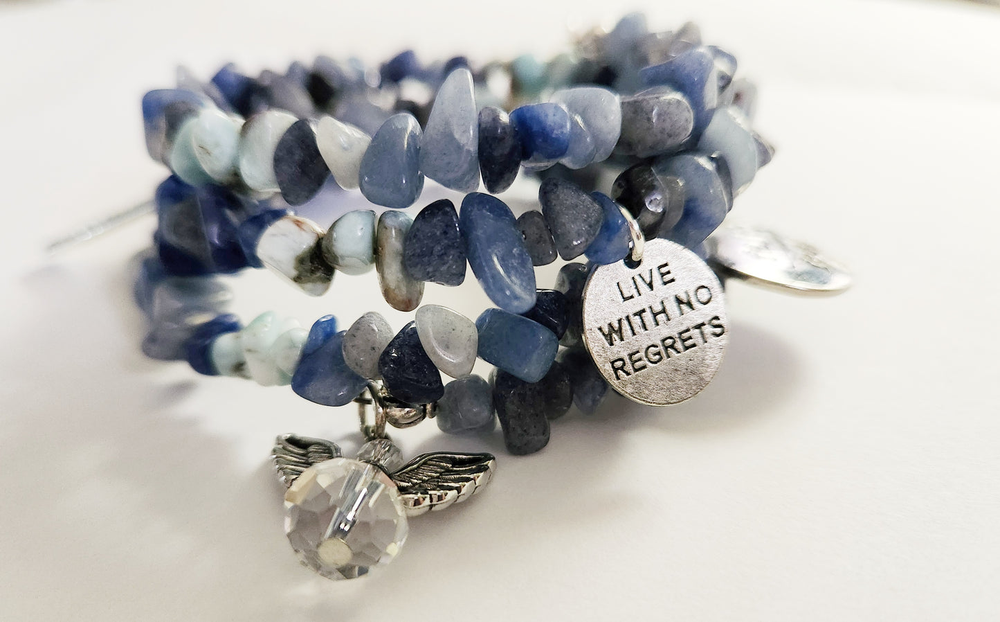 Blue Aventurine and Larimar gemstone memory wire wrap bracelet