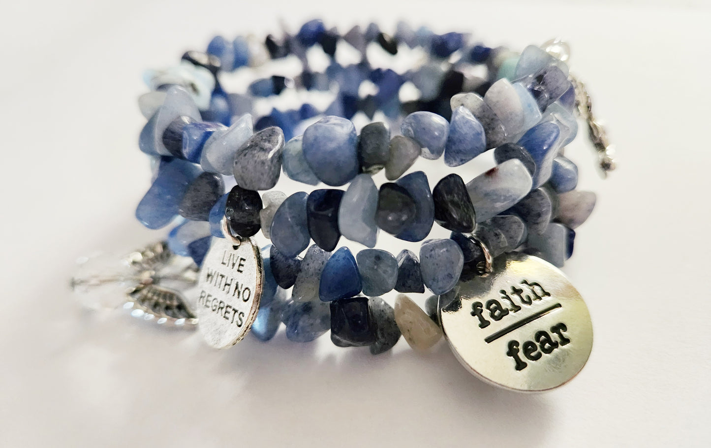 Blue Aventurine and Larimar gemstone memory wire wrap bracelet