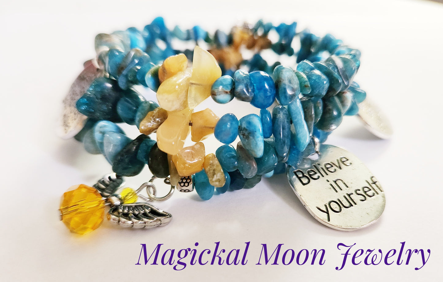 Blue Apatite and Golden Jade wrap bracelet