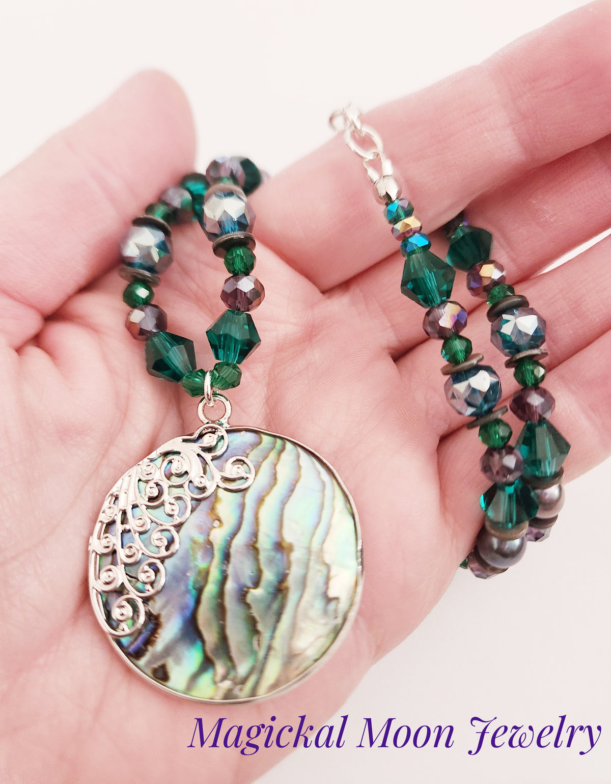 Silver abalone shell and pearl silver necklace
