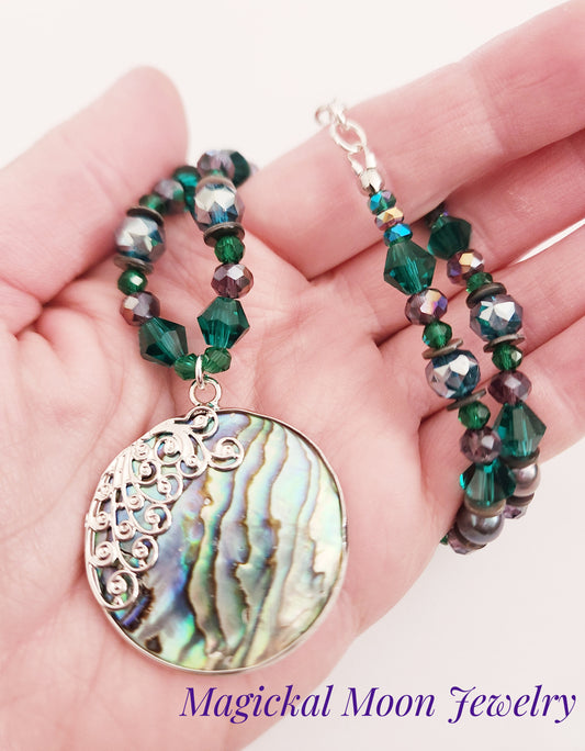 Silver abalone shell and pearl silver necklace