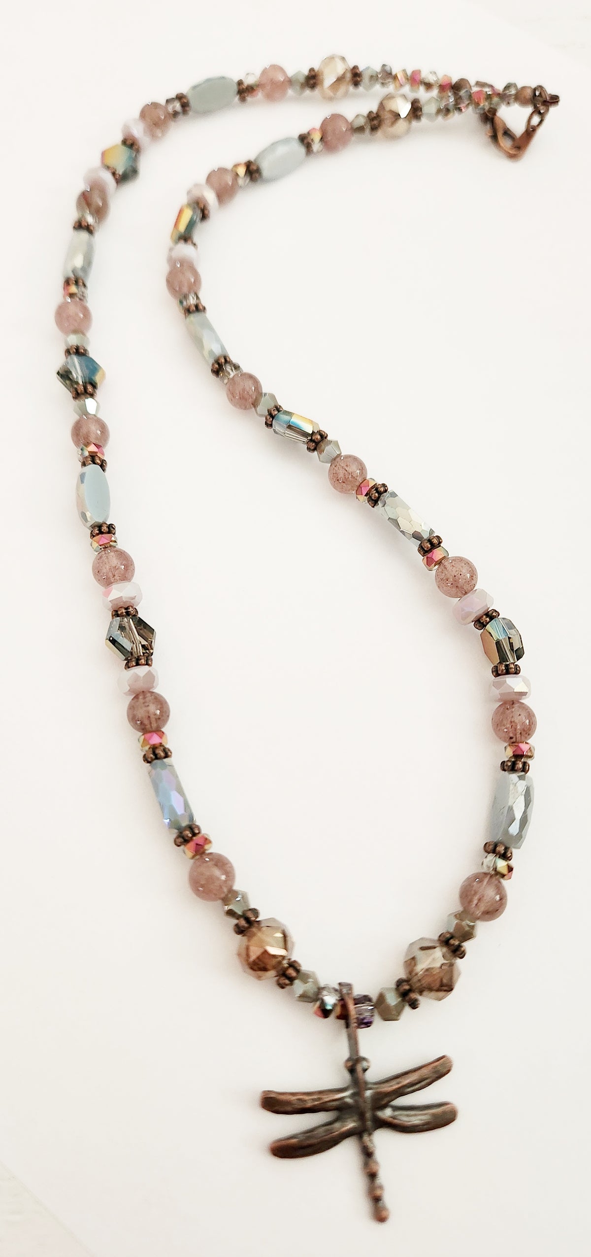 Copper dragonfly Strawberry Quartz gemstone necklace