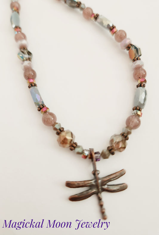 Copper dragonfly Strawberry Quartz gemstone necklace