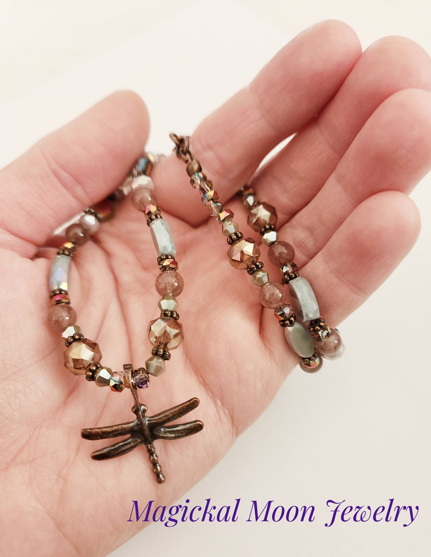 Copper dragonfly Strawberry Quartz gemstone necklace