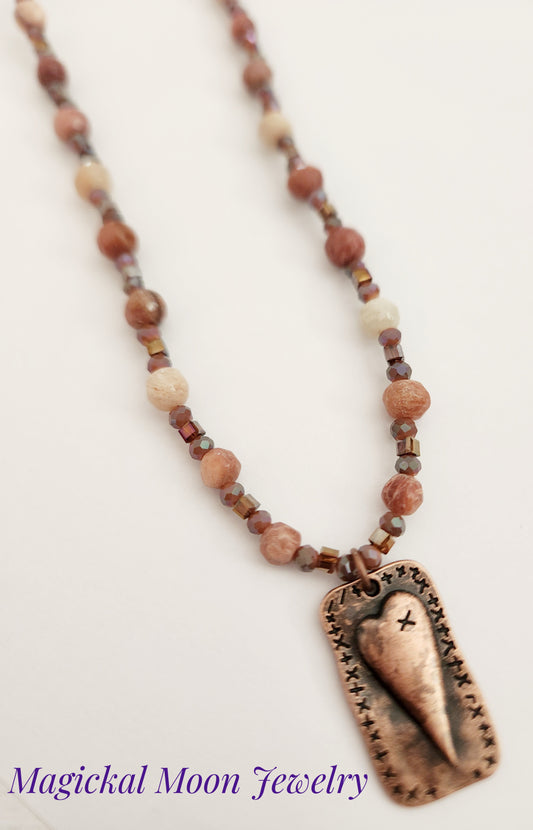Copper heart gemstone necklace