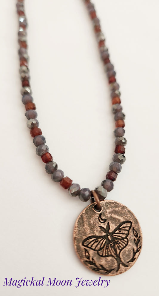 Copper luna moth circle necklace