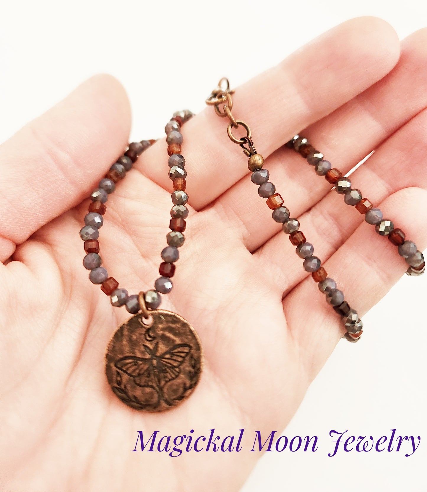 Copper luna moth circle necklace