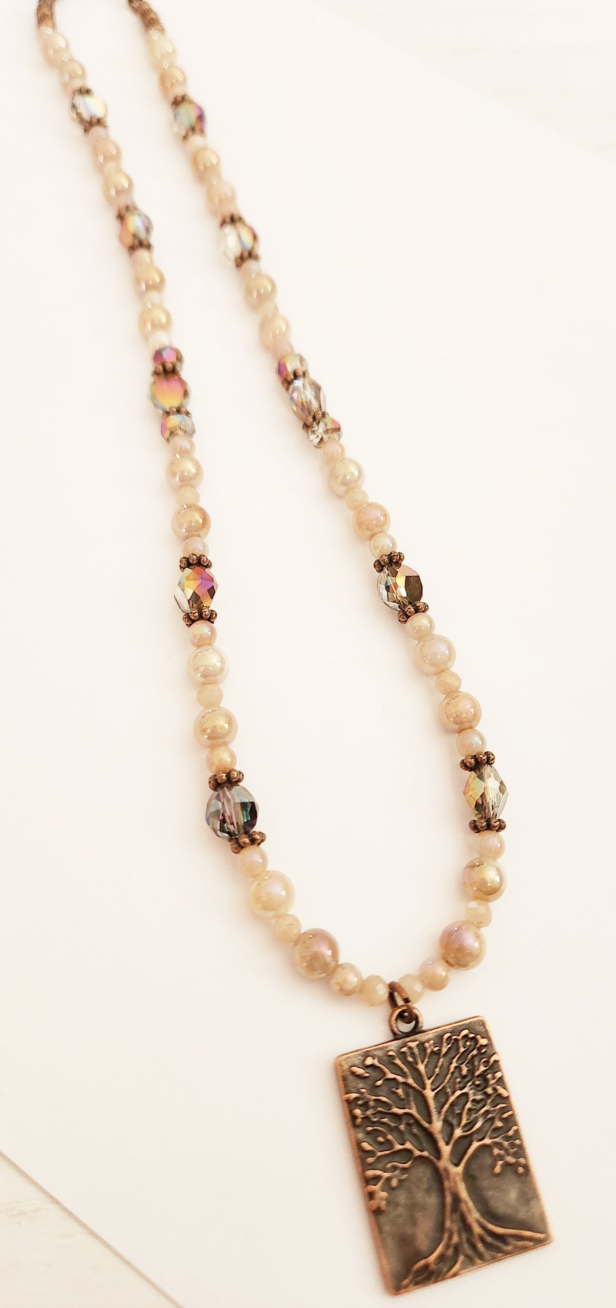 Copper Tree of Life Peach Moonstone gemstone necklace