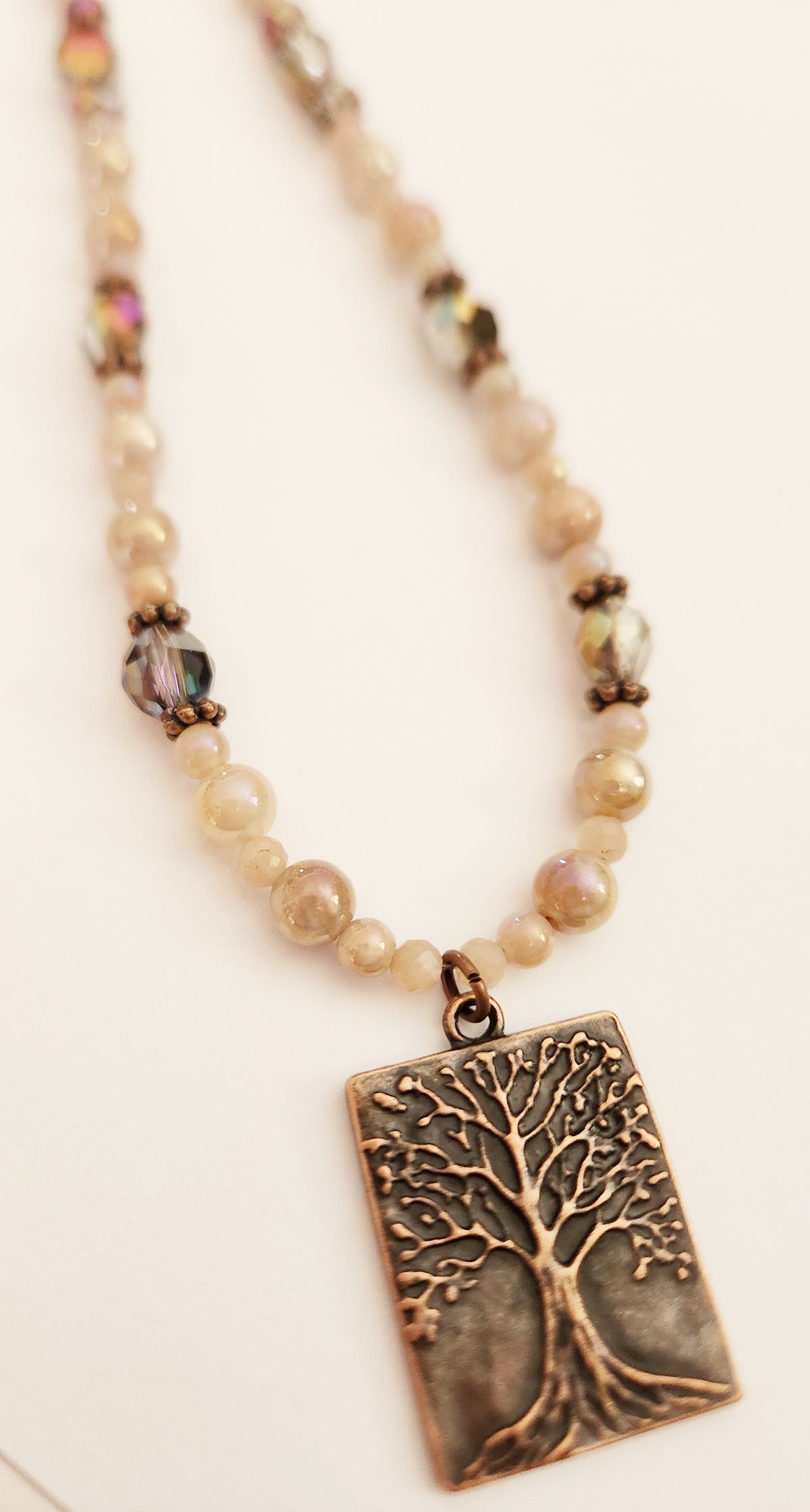 Copper Tree of Life Peach Moonstone gemstone necklace
