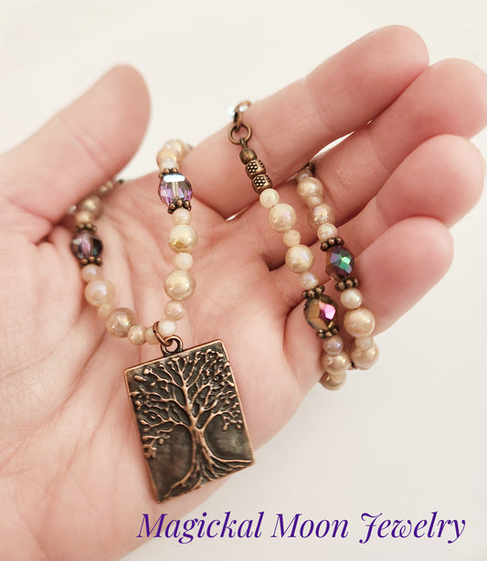 Copper Tree of Life Peach Moonstone gemstone necklace