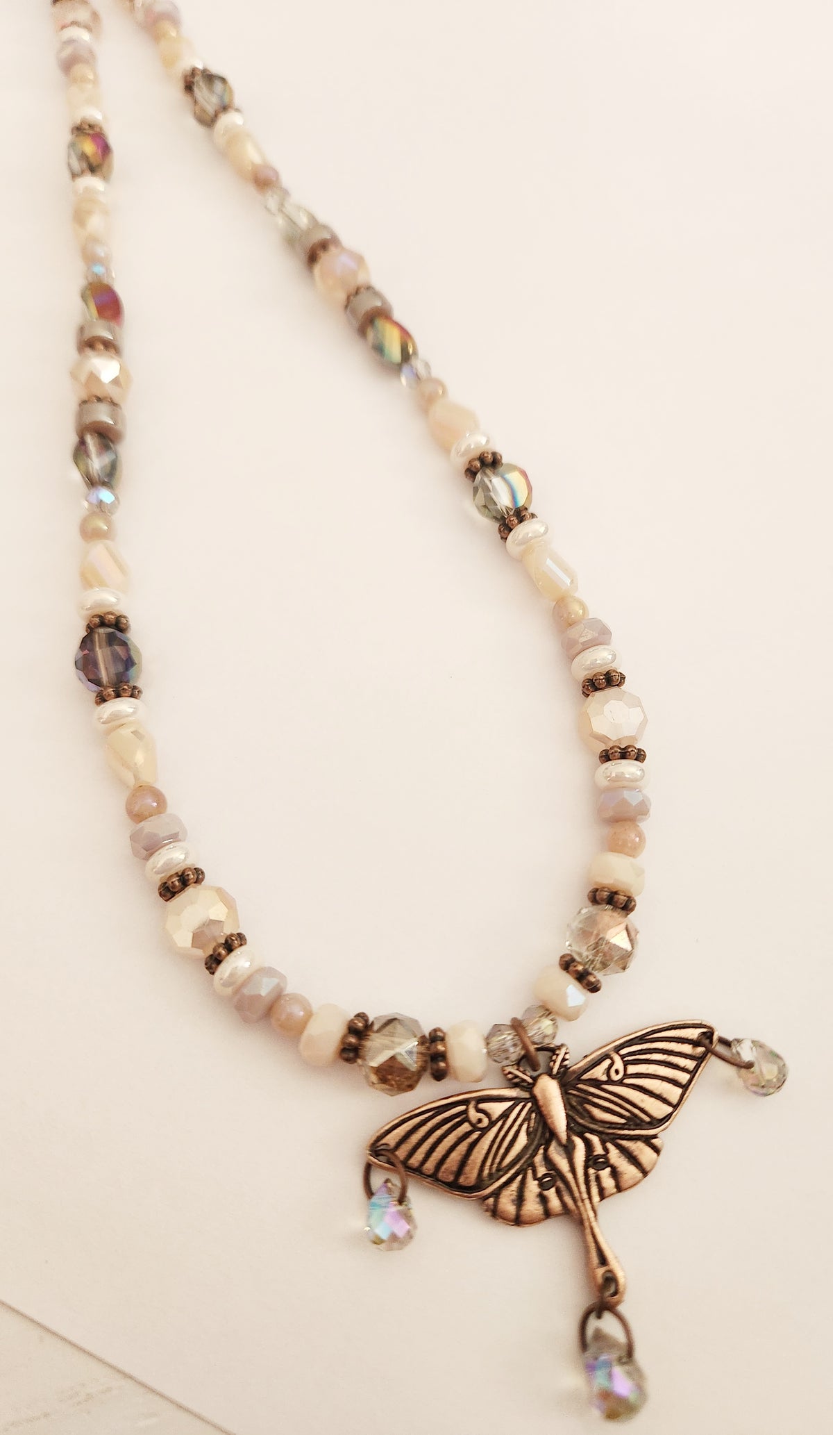 Copper luna moth Peach Moonstone necklace
