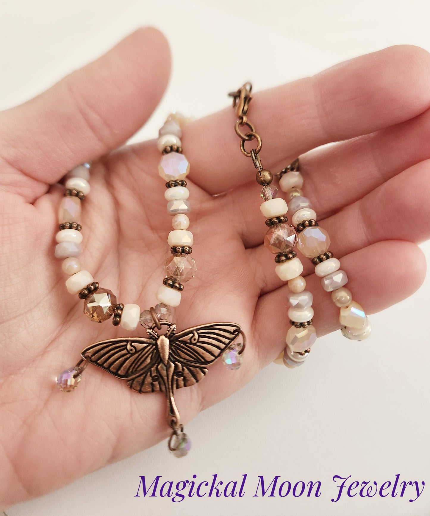 Copper luna moth Peach Moonstone necklace