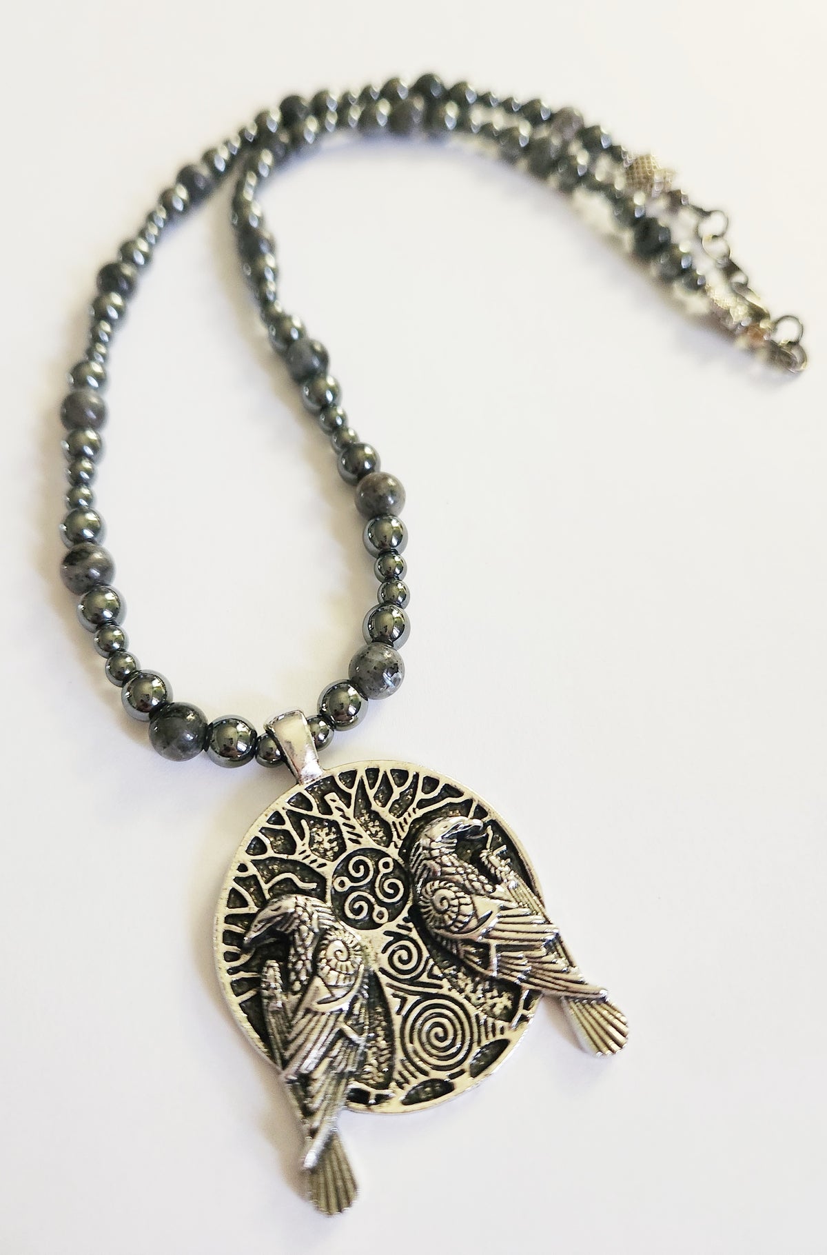 Hematite and Larkavite silver Halloween crow tribal necklace