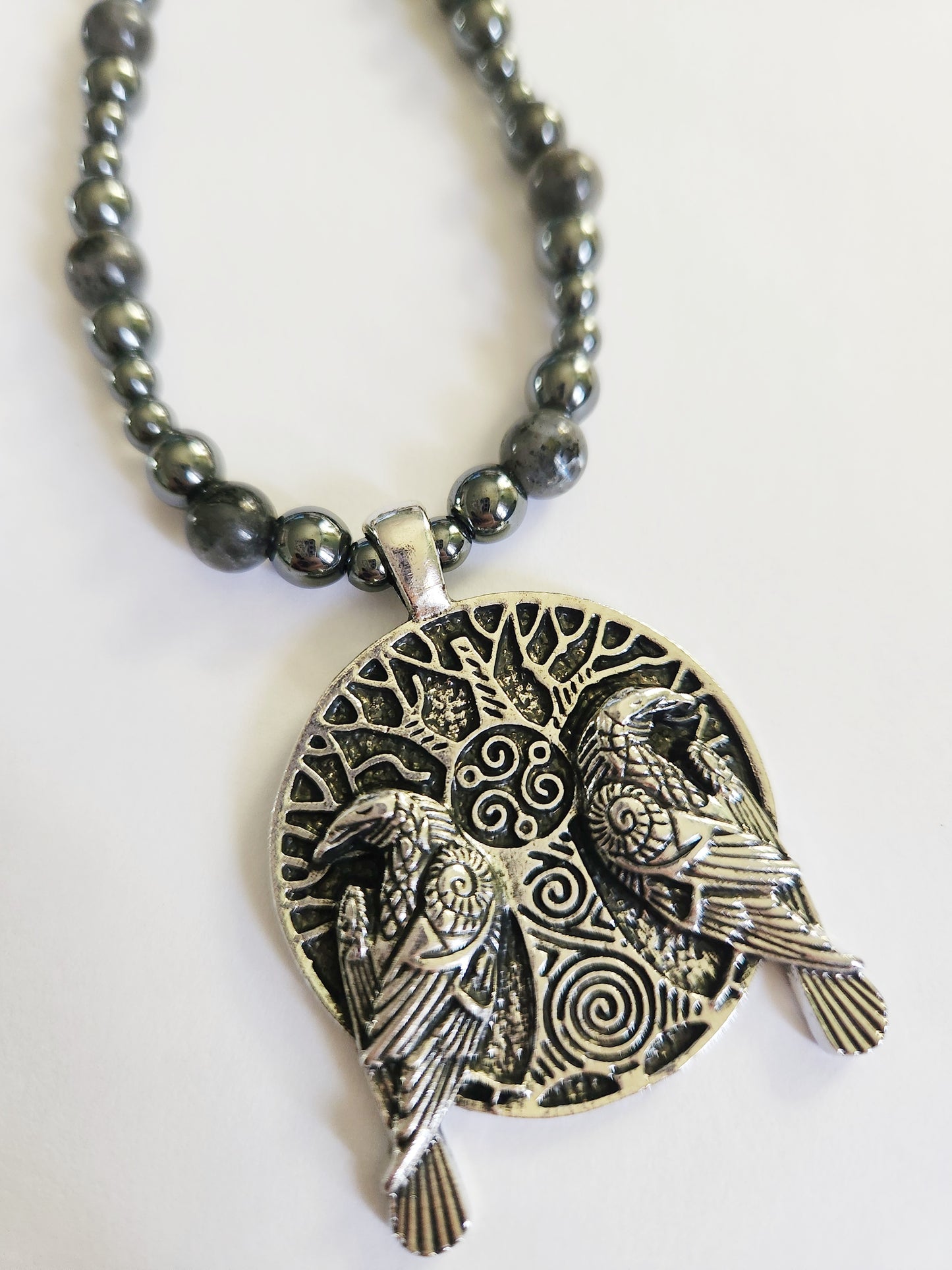 Hematite and Larkavite silver Halloween crow tribal necklace