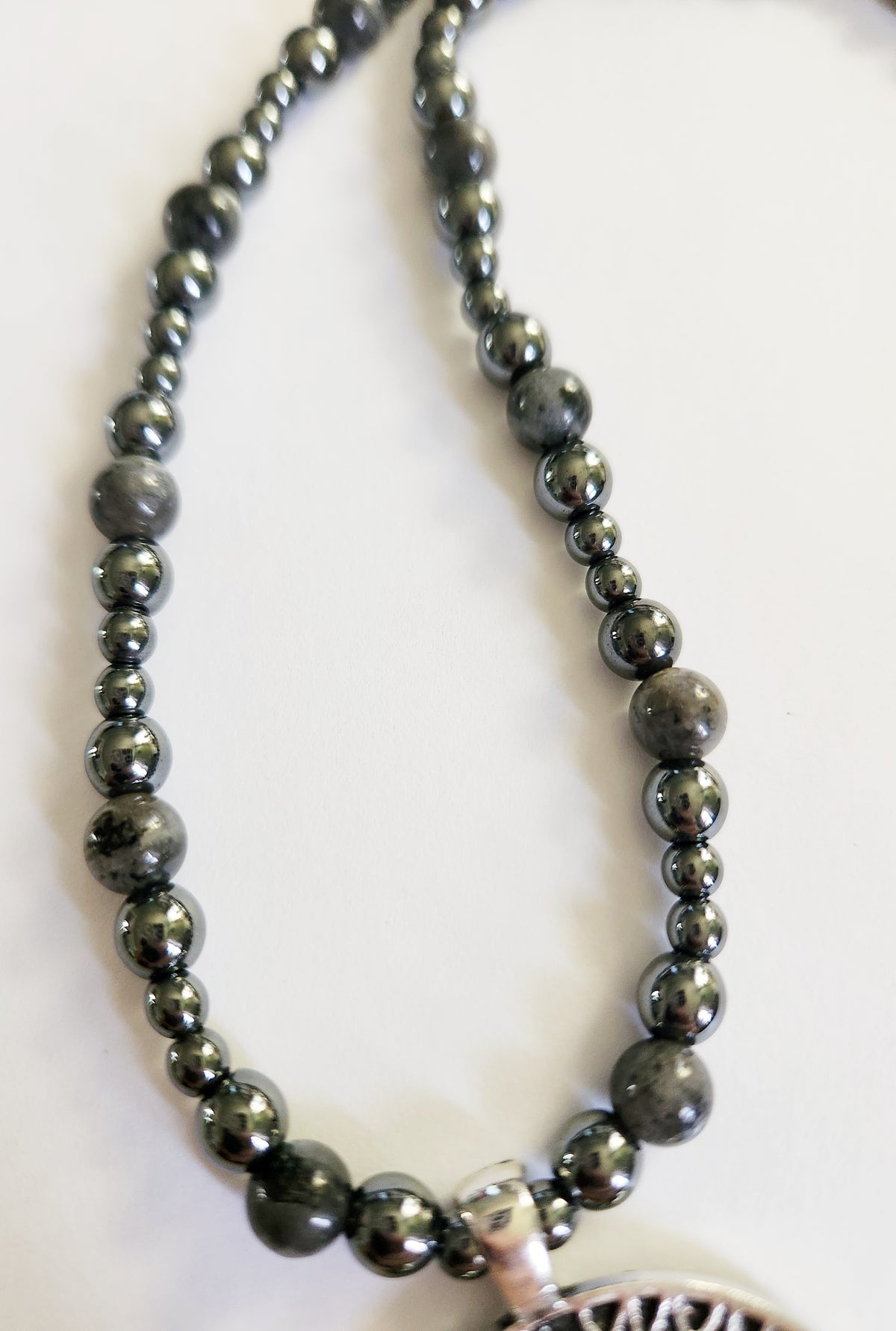 Hematite and Larkavite silver Halloween crow tribal necklace