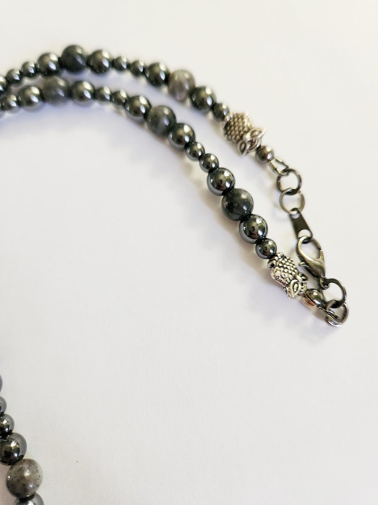 Hematite and Larkavite silver Halloween crow tribal necklace