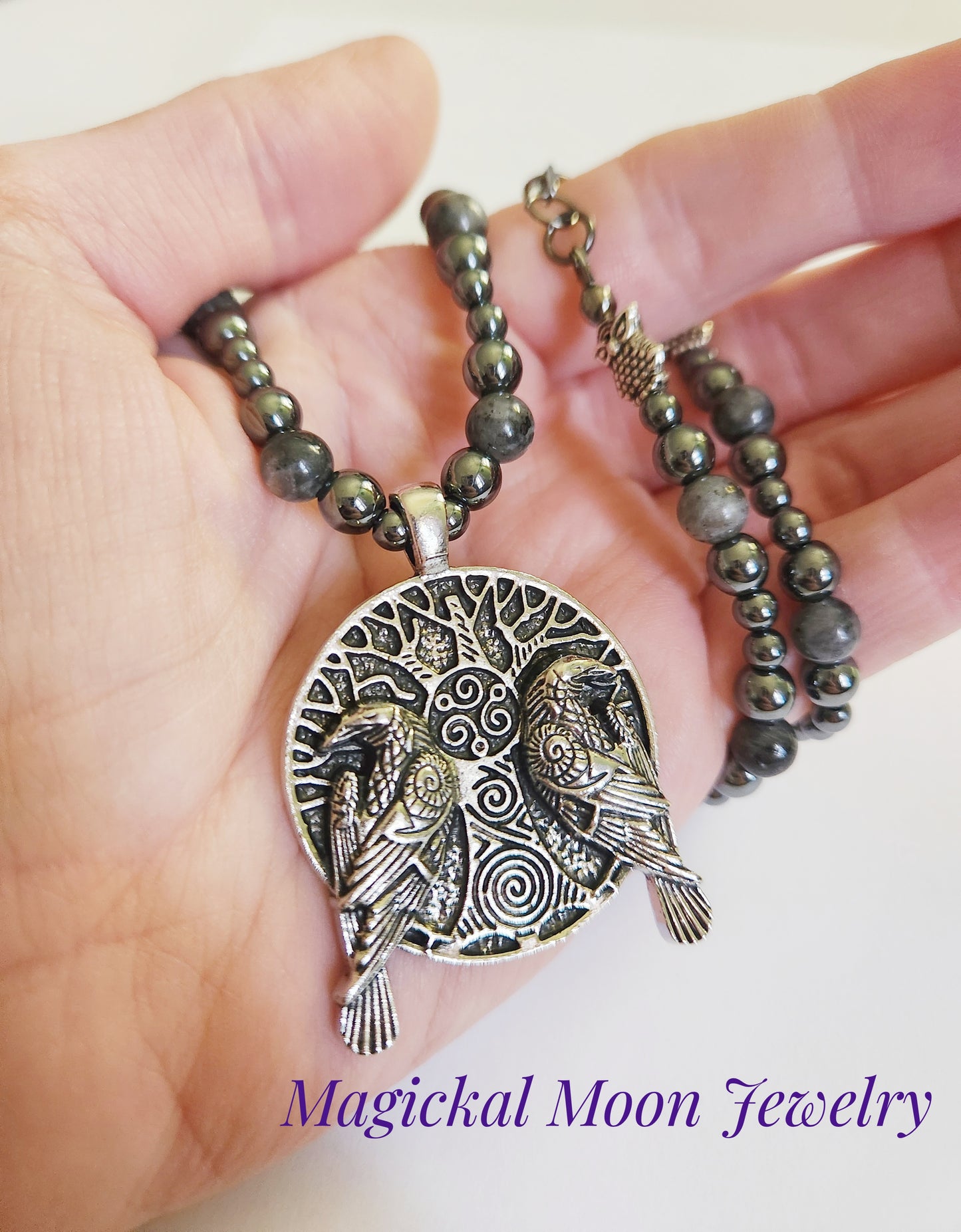 Hematite and Larkavite silver Halloween crow tribal necklace