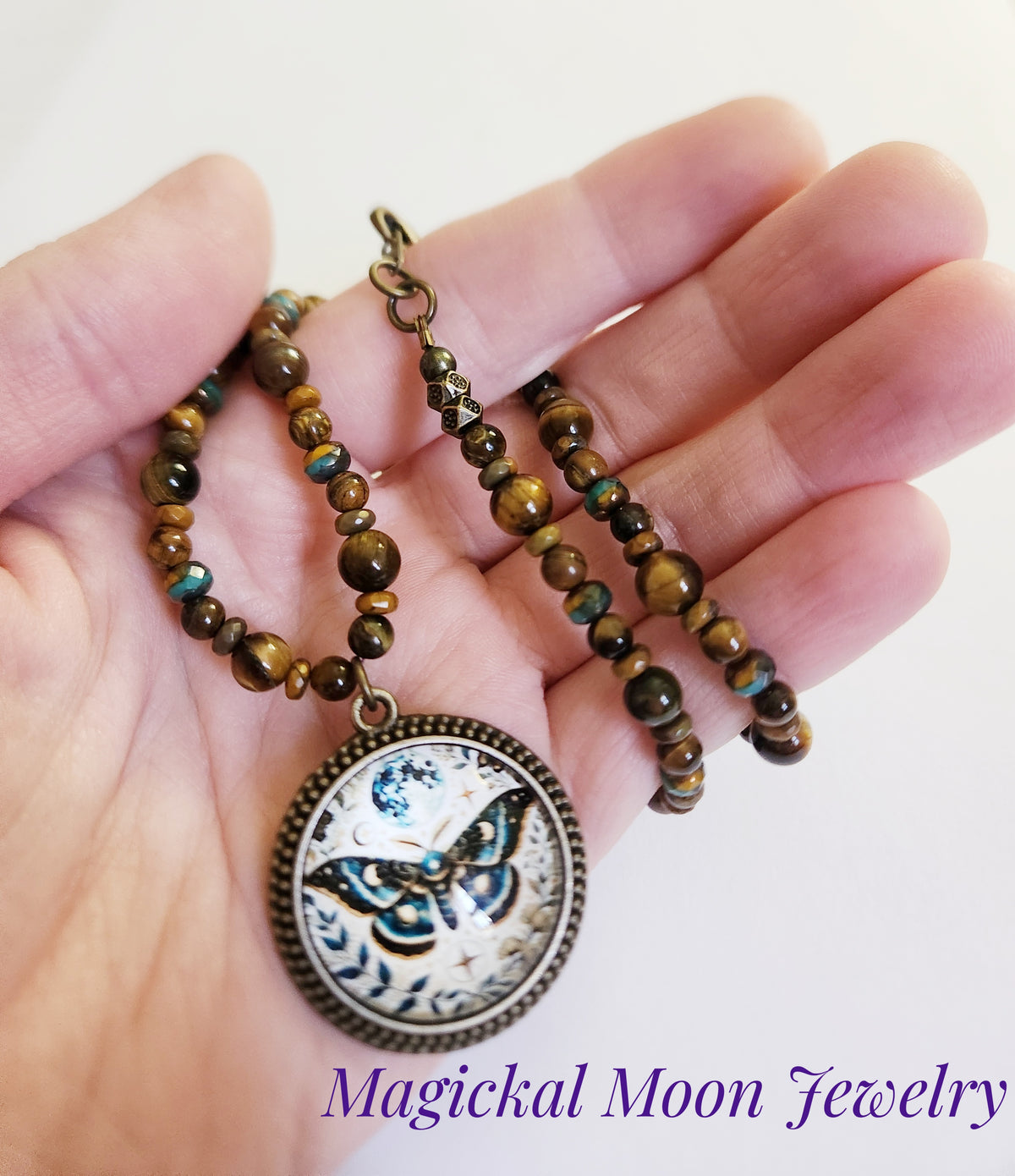 Dark gold butterfly Tigers Eye gemstone necklace