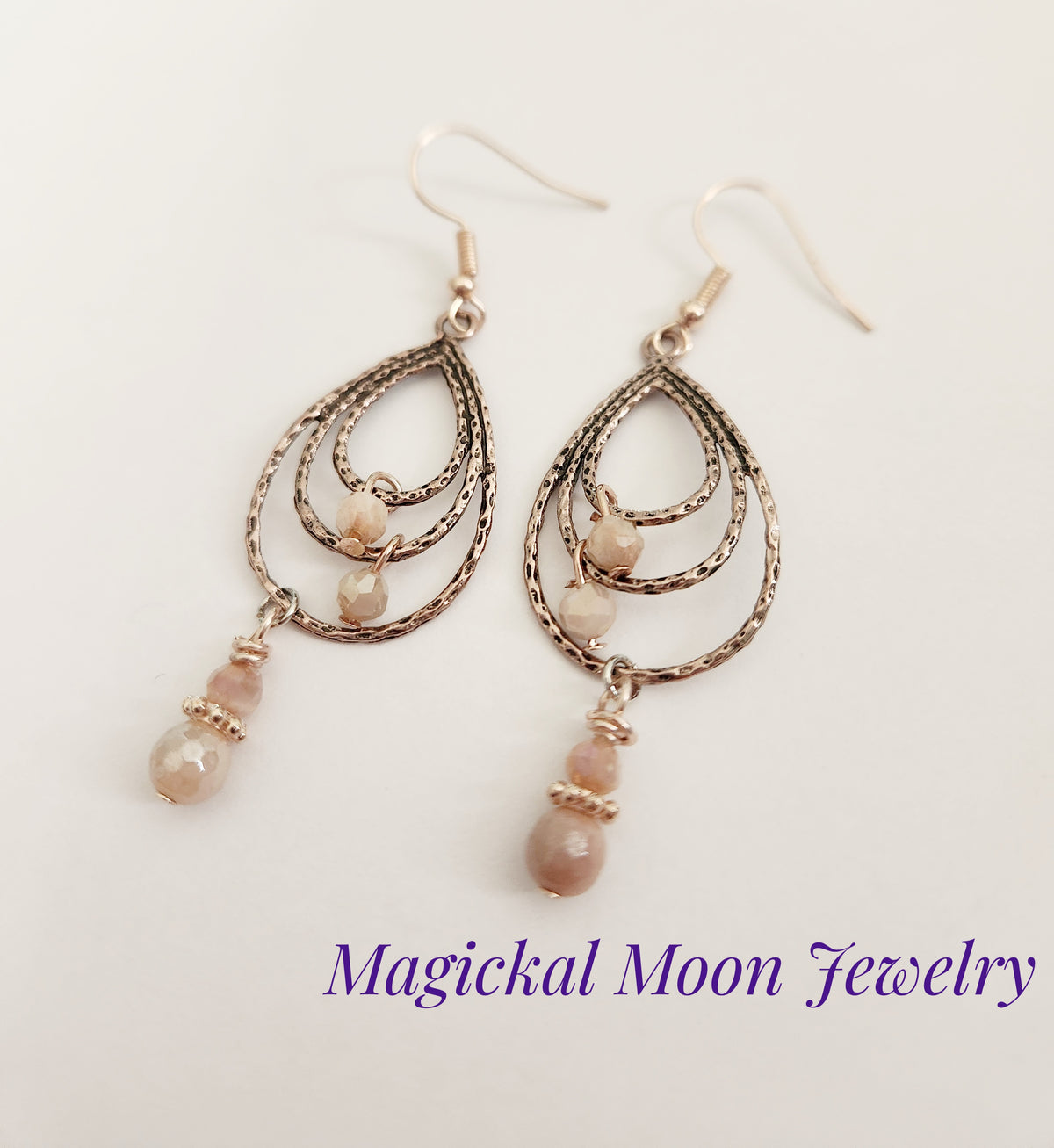 Copper chandelier Peach Moonstone gemstone earrings