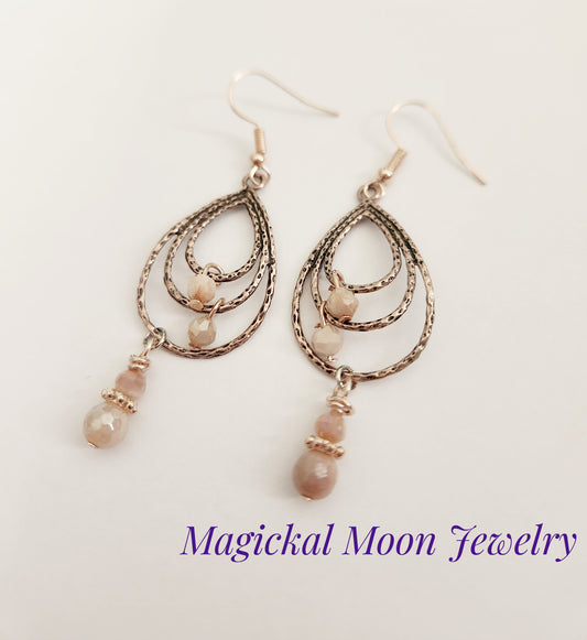Copper chandelier Peach Moonstone gemstone earrings