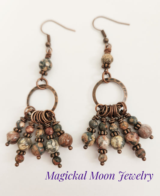 Copper chandelier Leopardskin Jasper gemstone earrings