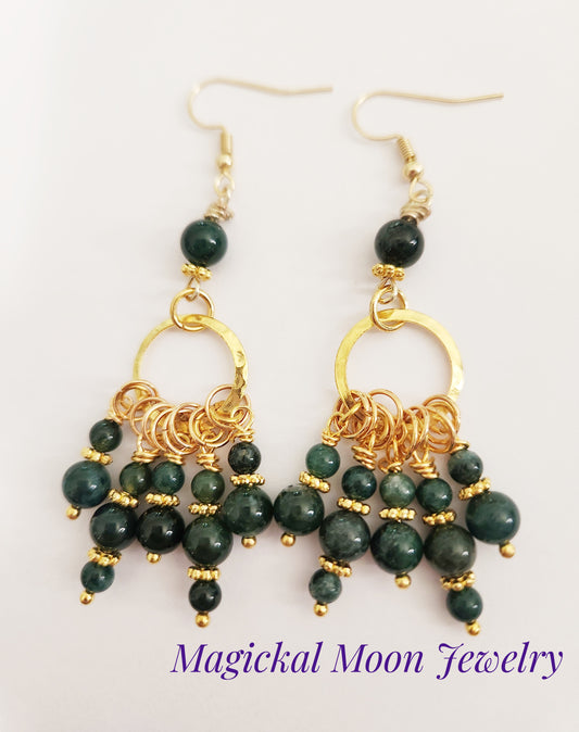 Gold chandelier Moss Agate gemstone earrings