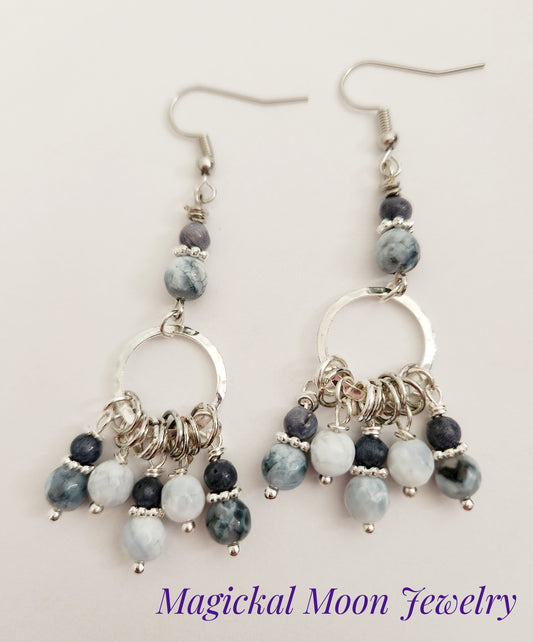 Silver chandelier Fire Quartz Agate gemstone earrings