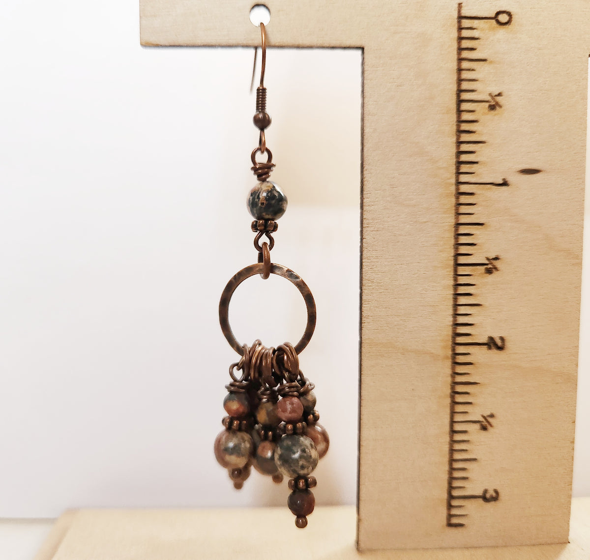 Copper chandelier Leopardskin Jasper gemstone earrings