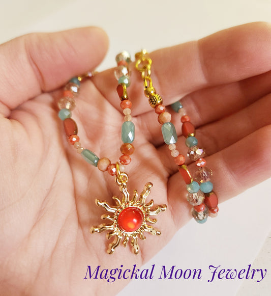 Orange Sunburst necklace with Peach Moonstone gemstone