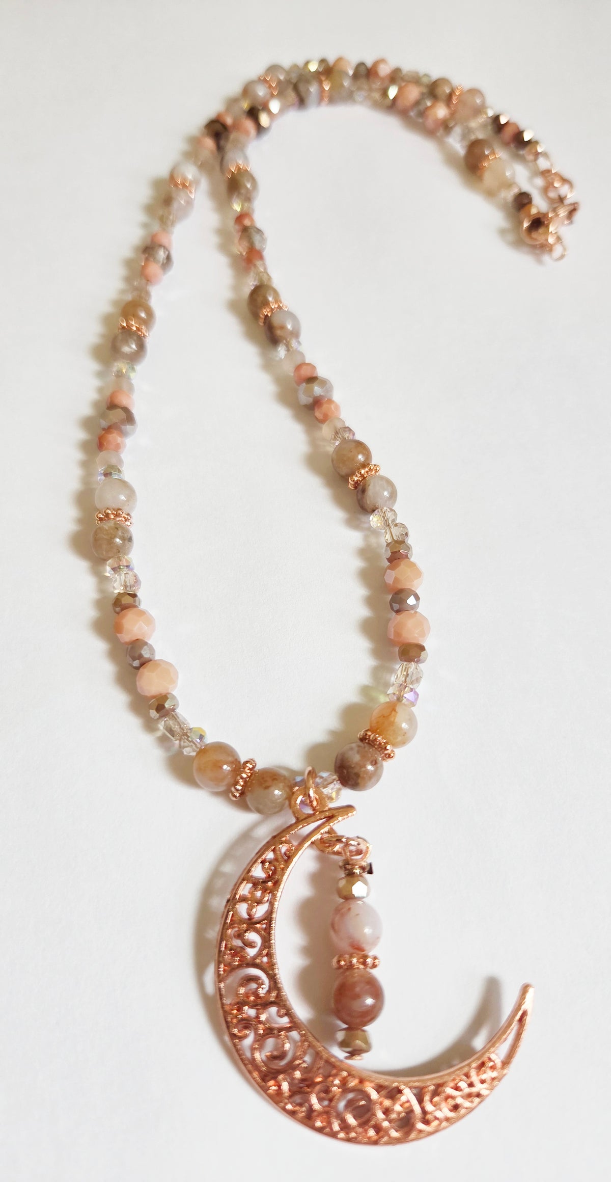 Bright copper crescent moon Jade gemstone necklace