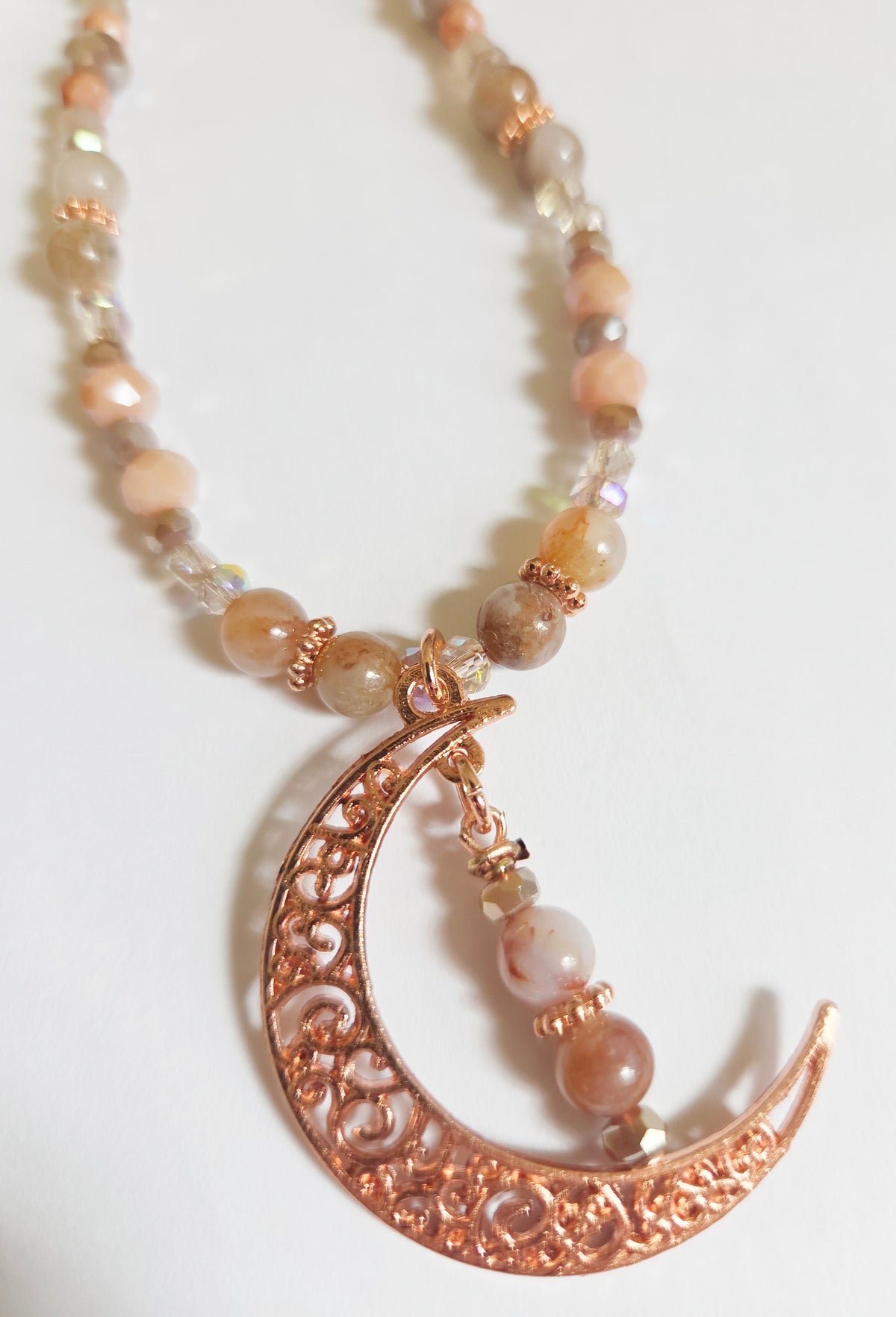 Bright copper crescent moon Jade gemstone necklace