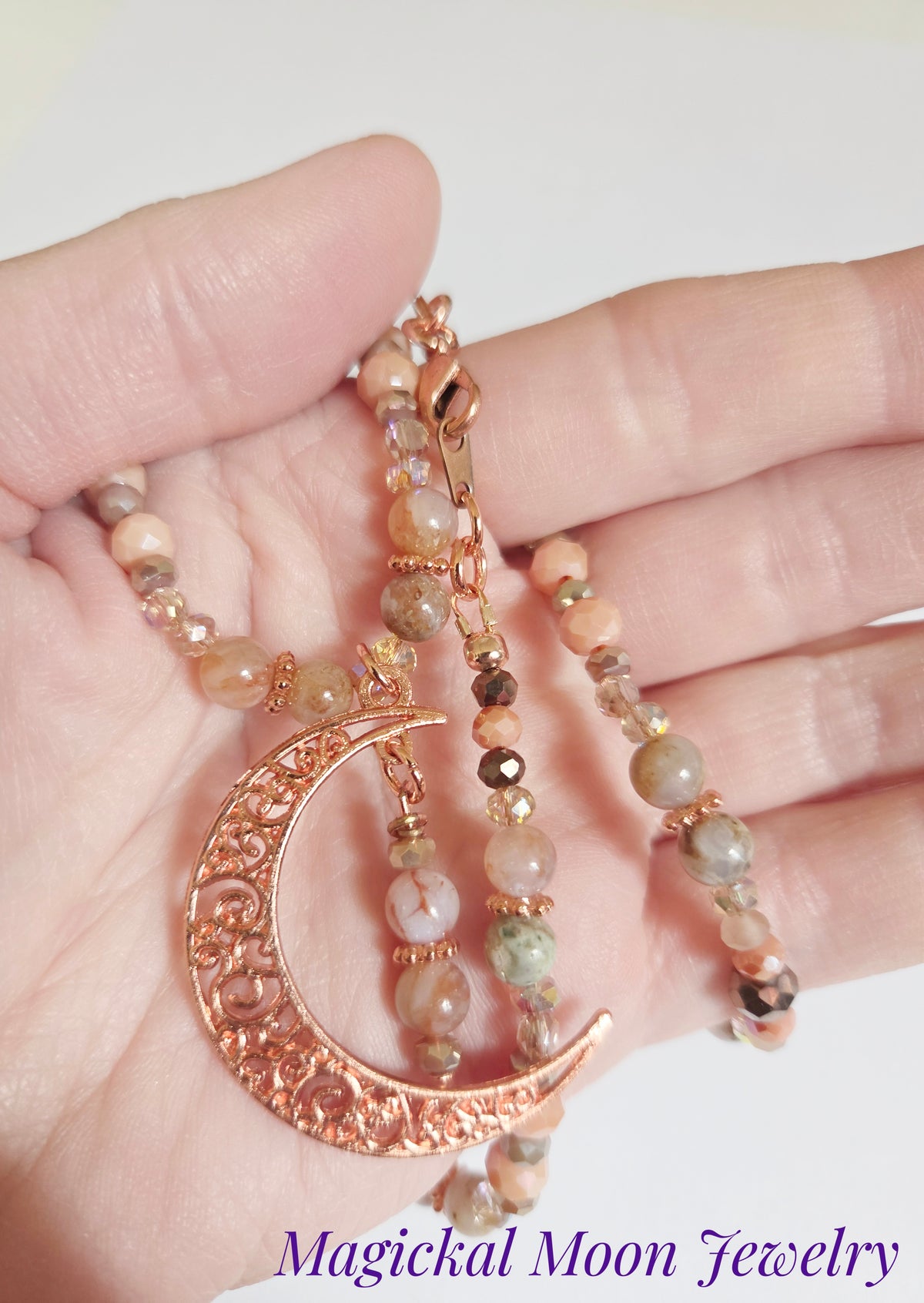 Bright copper crescent moon Jade gemstone necklace