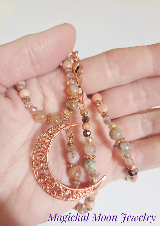 Bright copper crescent moon Jade gemstone necklace