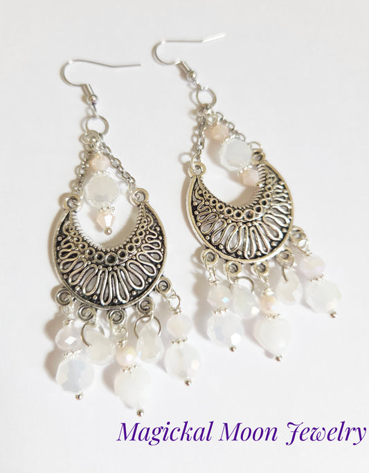 Silver filigree chandelier white and pink beaded earrings