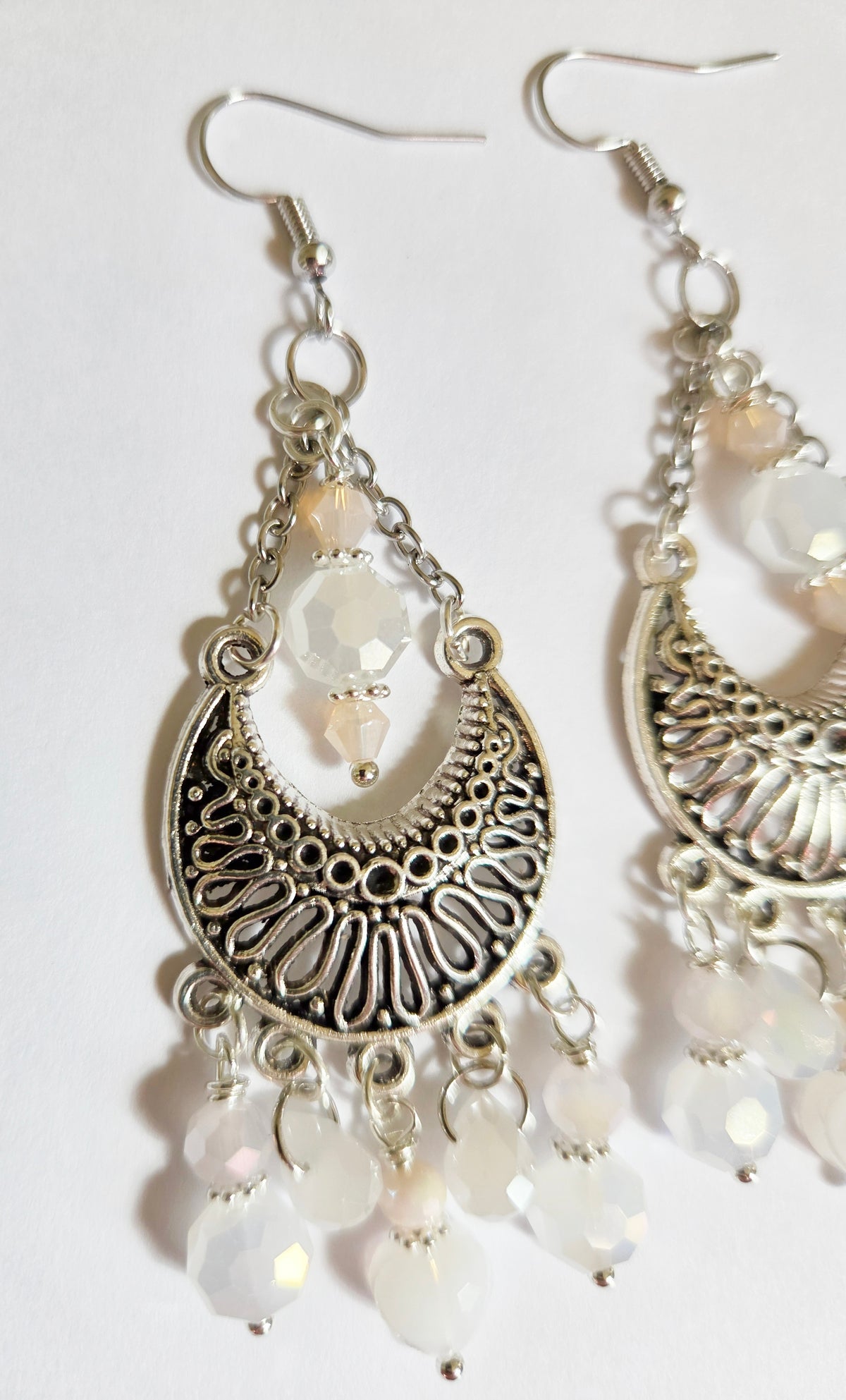 Silver filigree chandelier white and pink beaded earrings