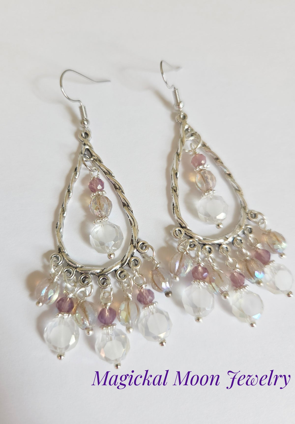 Silver teardrop beaded chandelier earrings