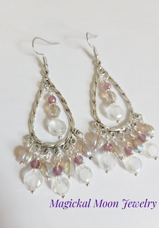 Silver teardrop beaded chandelier earrings