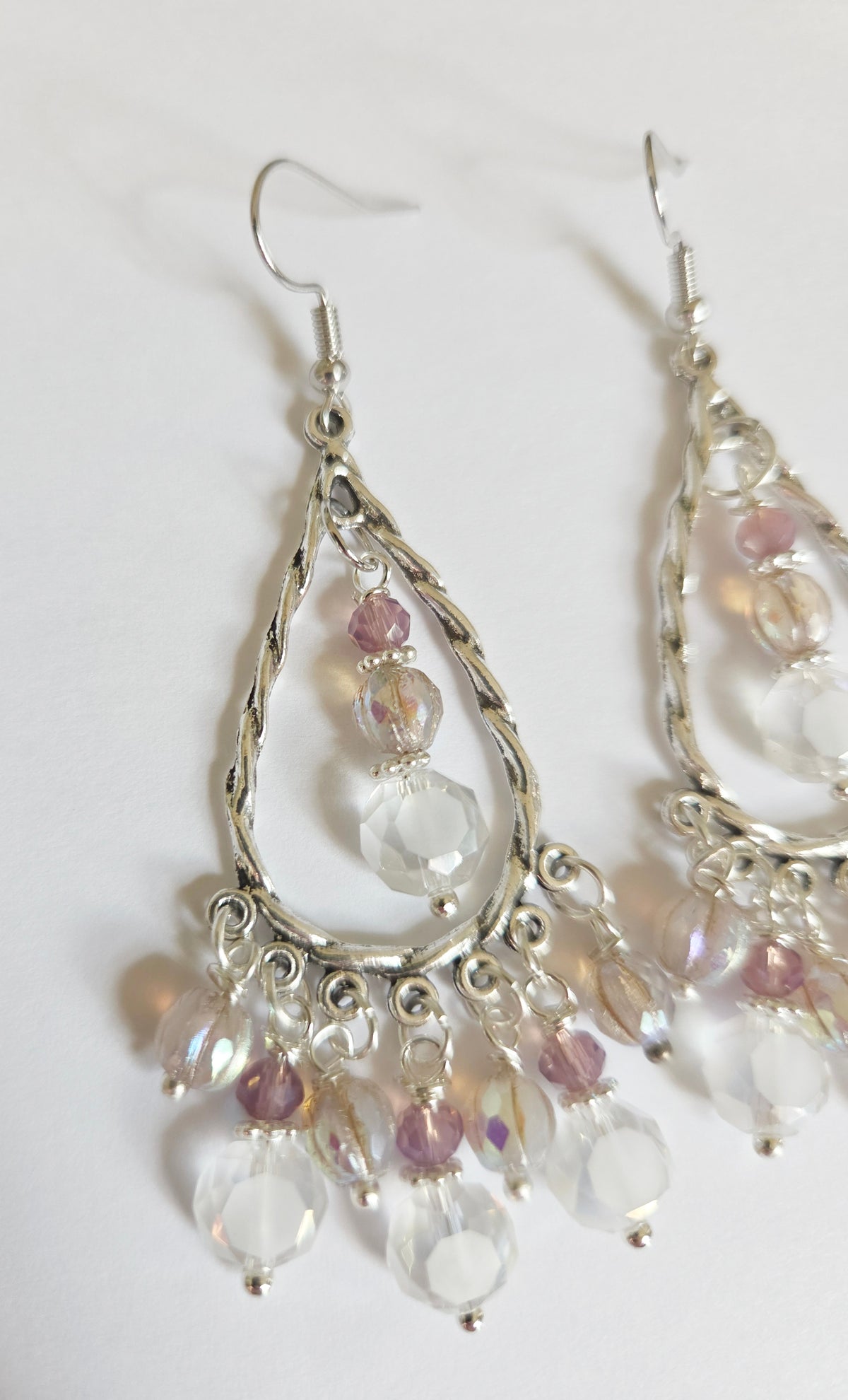 Silver teardrop beaded chandelier earrings