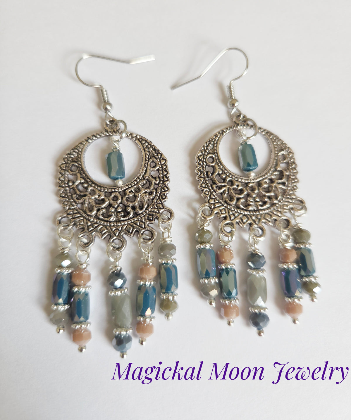 Silver filigree boho beaded chandelier earrings